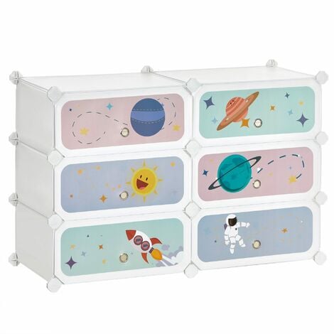Estantería modular infantil de 6 cubos, Zapatero para niños, Estantería plástico, Armario modular con puertas, para ropa, Zapatos, Juguetes, 43 x 31 x 105 cm, Blanco