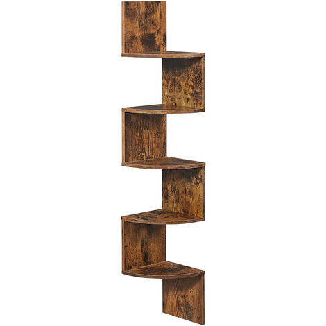Estantería para Esquina, Estante de Pared clásico Rectangular de Esquina de 4 Niveles, de Madera, Ideal para Cocina, Dormitorio, Sala de Estar, Estudio, Marrón Rústico