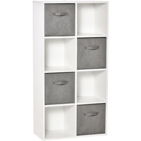 HOMCOM Estantería para Libros de 8 Cubos Librería Modular con 4 Cajones Extraíbles de Tela no Tejida Oficina Estudio Dormitorio 61,5x30x121,6cm Blanco y Gris