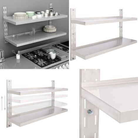 Estantería pared flotante 2 niveles acero inoxidable 120x30 cm - Estantería de cocina - Estantería de acero inoxidable