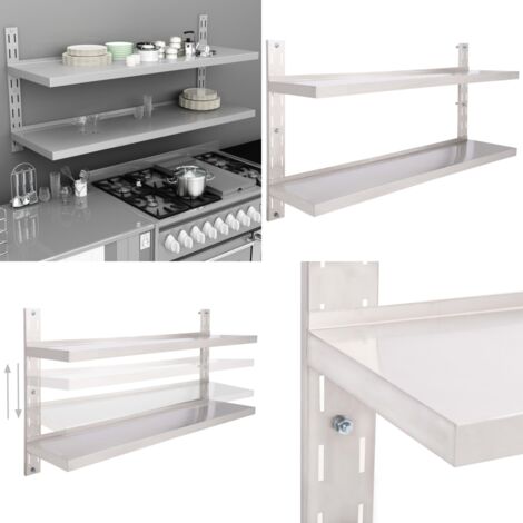 Estantería pared flotante 2 niveles acero inoxidable 150x30 cm - Estantería de cocina - Estantería de acero inoxidable