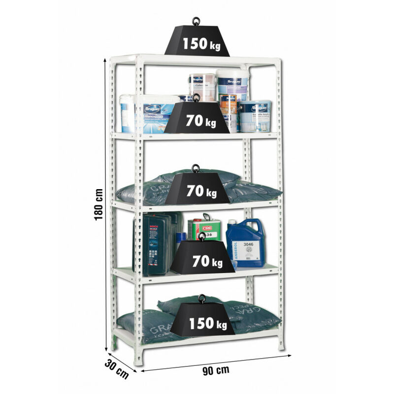 

Estantería metálica 180X90X30cm. blanca 150-70Kg P/B Ecoclick 5 baldas