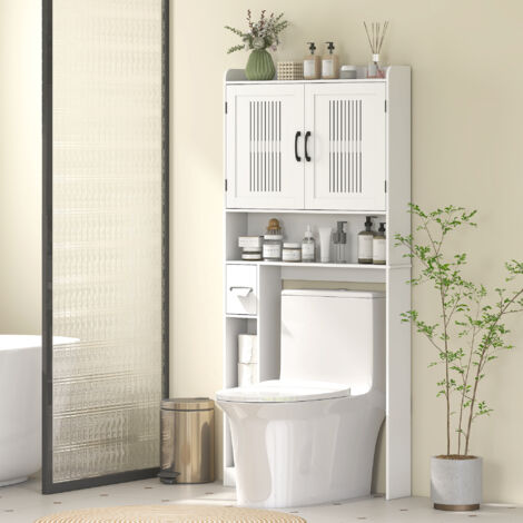 Estantería sobre Inodoro con Estante Ajustable 2 Puertas Soporte para Papel Higiénico y Estantes Abiertos para Baño Blanco
