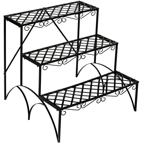 Estantería-soporte para maceteros con 3 niveles - soporte a tres alturas para macetas, estantería metálica en escalera para exterior, base para macetas en interior - negro