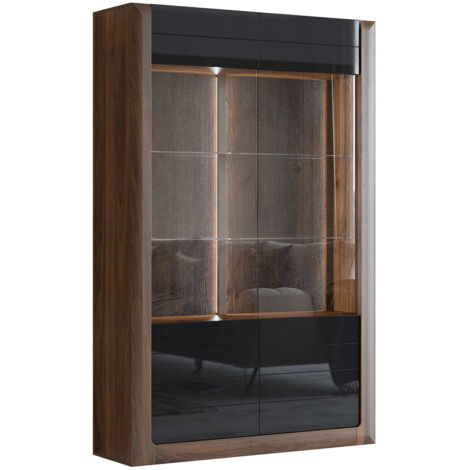 Estantería Sovera 102, Nuez + Negro brillante, Con puertas, Cerrable, Vidrio, MDF, Aglomerado laminado, Número de puertas: 2, Número de cajones: 0, 200x129x41cm