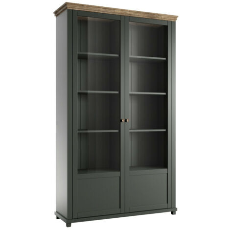 Estantería Tolnue 102, Verde oscuro + Roble de lefkada, Con puertas, Cerrable, Vidrio, MDF, Aglomerado laminado, Número de puertas: 2, Número de cajones: 0, 200x126x42cm