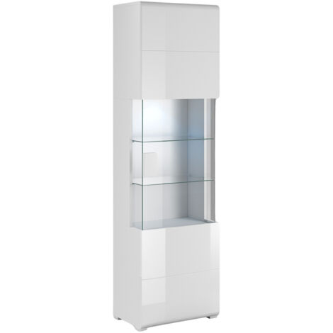 Estantería Torsone 103, Blanco + Blanco brillante, Cerrable, Con puertas, Vidrio, Aglomerado laminado, Número de puertas: 1, Número de cajones: 0, 204x61x39cm