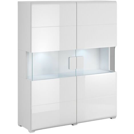 Estantería Torsone 107, Blanco + Blanco brillante, Cerrable, Con puertas, Vidrio, Aglomerado laminado, Número de puertas: 2, Número de cajones: 0, 152x122x39cm