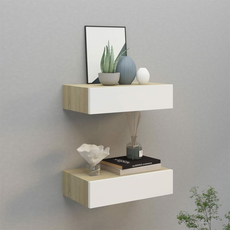 

Estantes con cajón 2 uds color roble y blanco MDF 40x23,5x10 cm