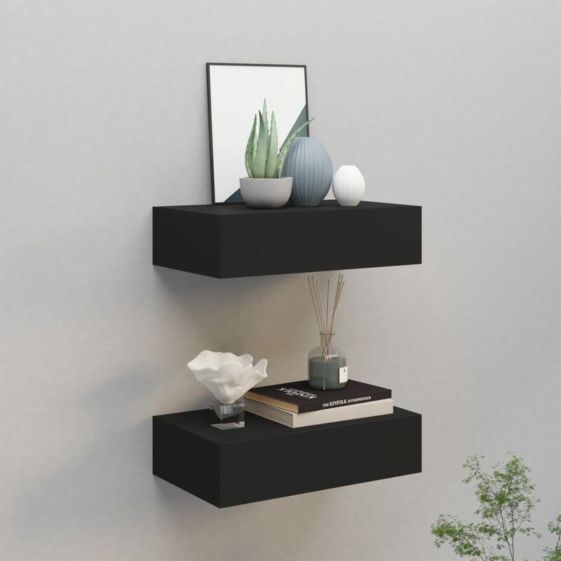 

Estantes con cajón de pared 2 uds negro MDF 40x23,5x10 cm