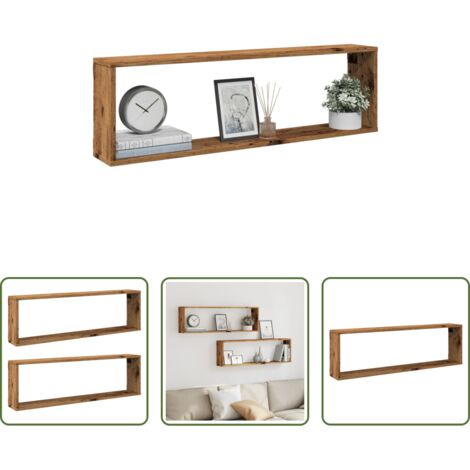 Estantes cúbicos -  Estantes cubo de pared 2 uds madera envejecida 100x15x30 cm