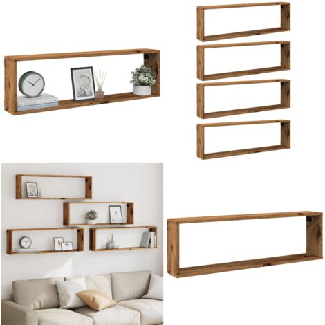 Estantes cubo de pared 4 uds madera envejecida 100x15x30 cm - Estantes cúbicos - Almacenamiento en pared