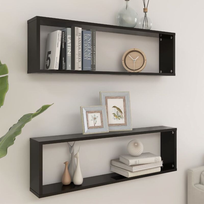 

Estantes cubo pared 2 uds aglomerado negro brillo 100x15x30 cm