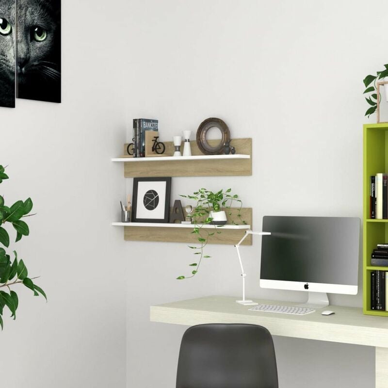 

Estantes cubo pared 2 uds blanco y roble Sonoma 80x11,5x18 cm
