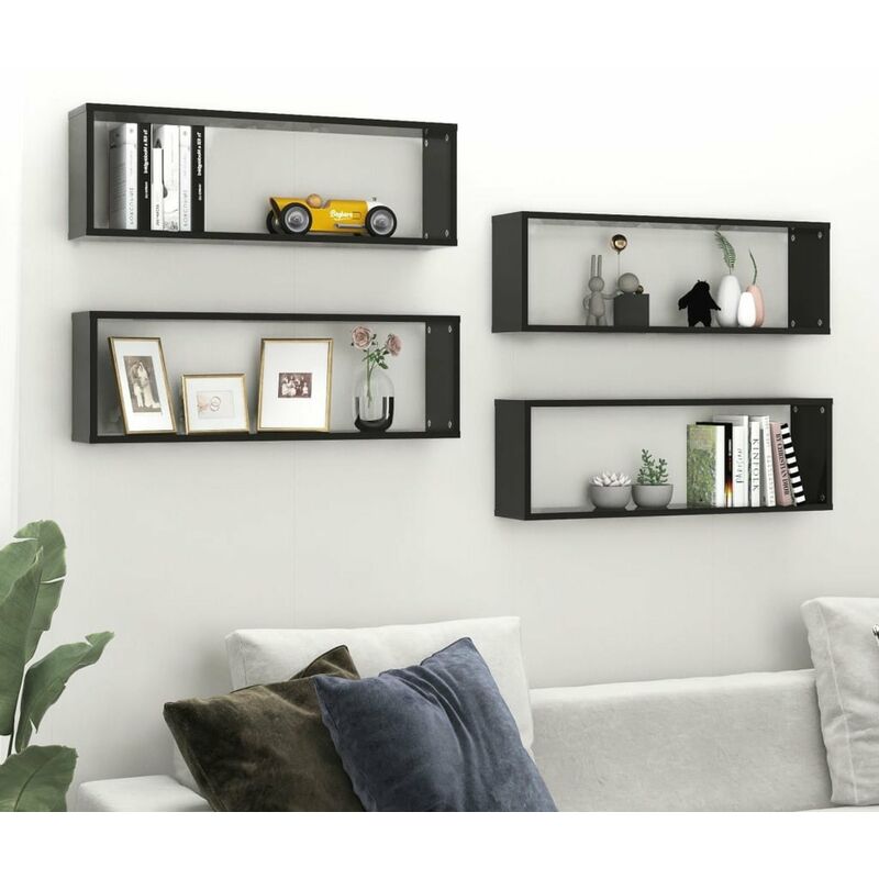 

Estantes cubo pared 4 uds aglomerado negro brillo 80x15x26,5 cm