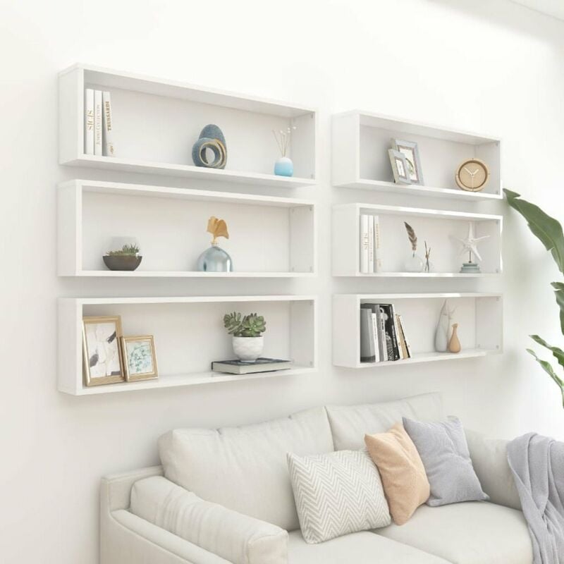 

Estantes cubo pared 6 uds aglomerado blanco brillo 100x15x30 cm
