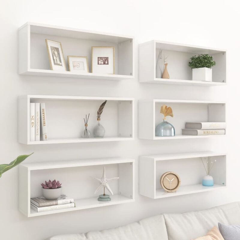 

Estantes cubo pared 6 uds aglomerado blanco brillo 60x15x23 cm