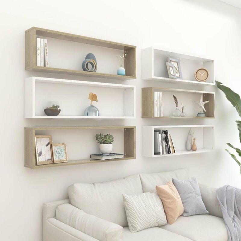 

Estantes cubo pared 6 uds aglomerado blanco roble 100x15x30 cm