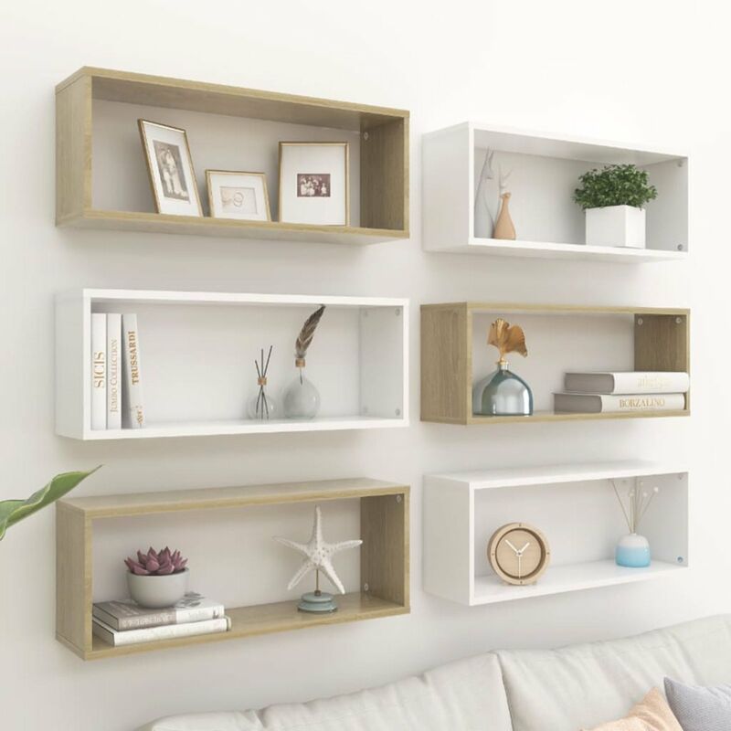 

Estantes cubo pared 6 uds aglomerado blanco y Sonoma 60x15x23cm
