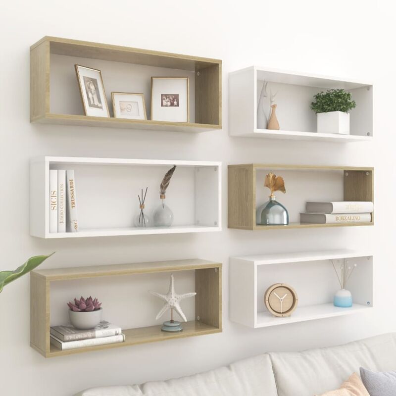 

Estantes cubo pared 6 uds aglomerado blanco y Sonoma 60x15x23cm