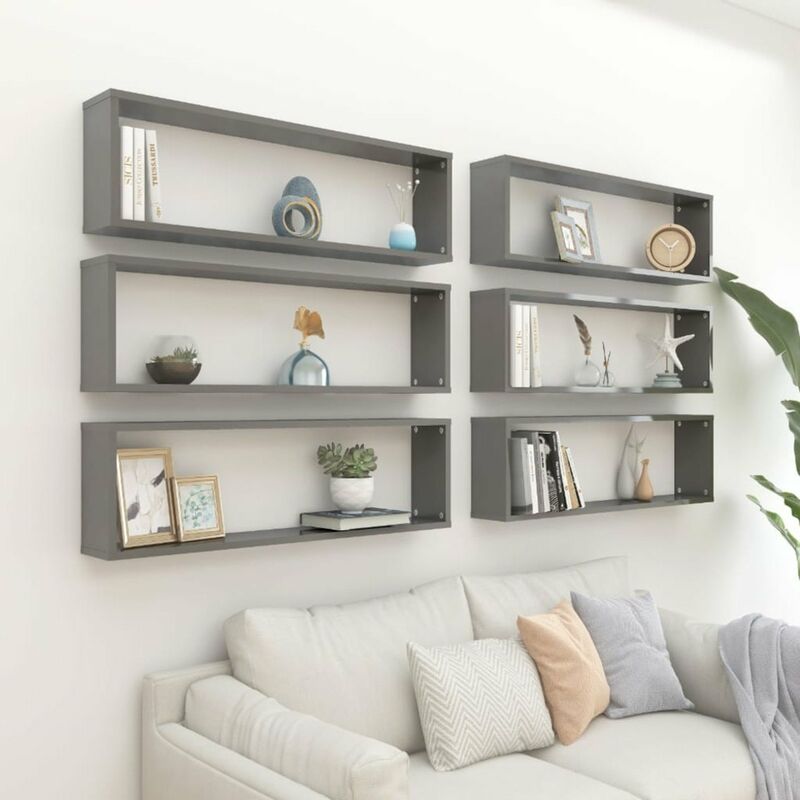 

Estantes cubo pared 6 uds aglomerado gris brillo 100x15x30 cm