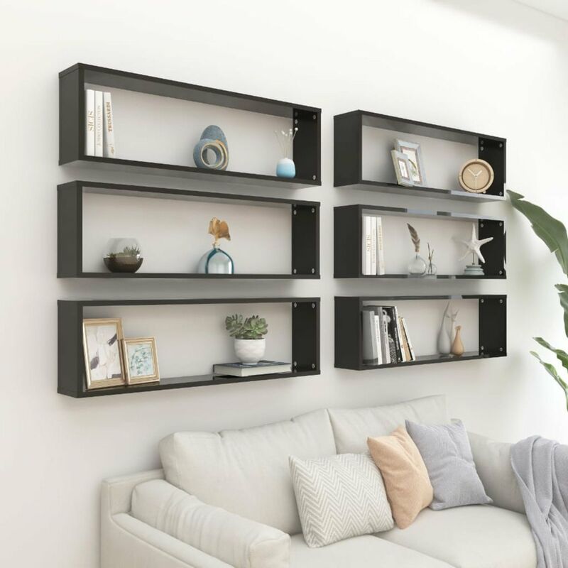 

Estantes cubo pared 6 uds aglomerado negro brillo 100x15x30 cm