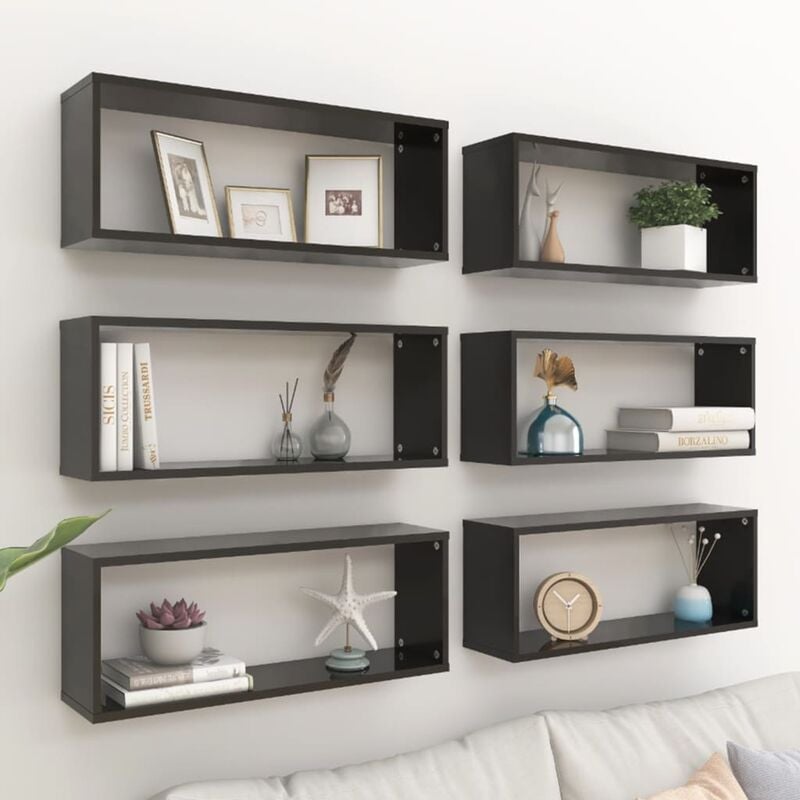

Estantes cubo pared 6 uds aglomerado negro brillo 60x15x23 cm