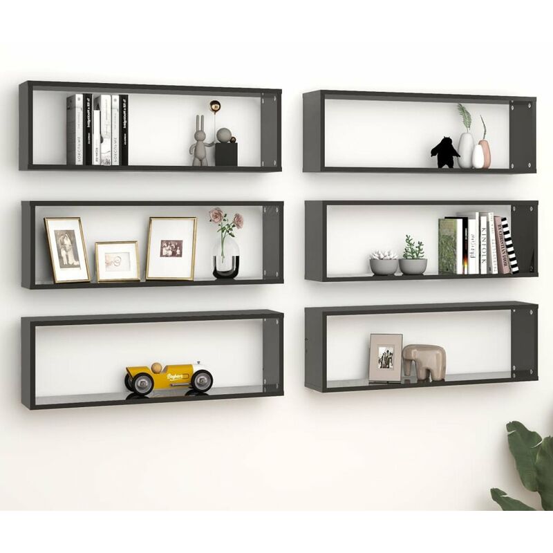 

Estantes cubo pared 6 uds aglomerado negro brillo 80x15x26,5 cm
