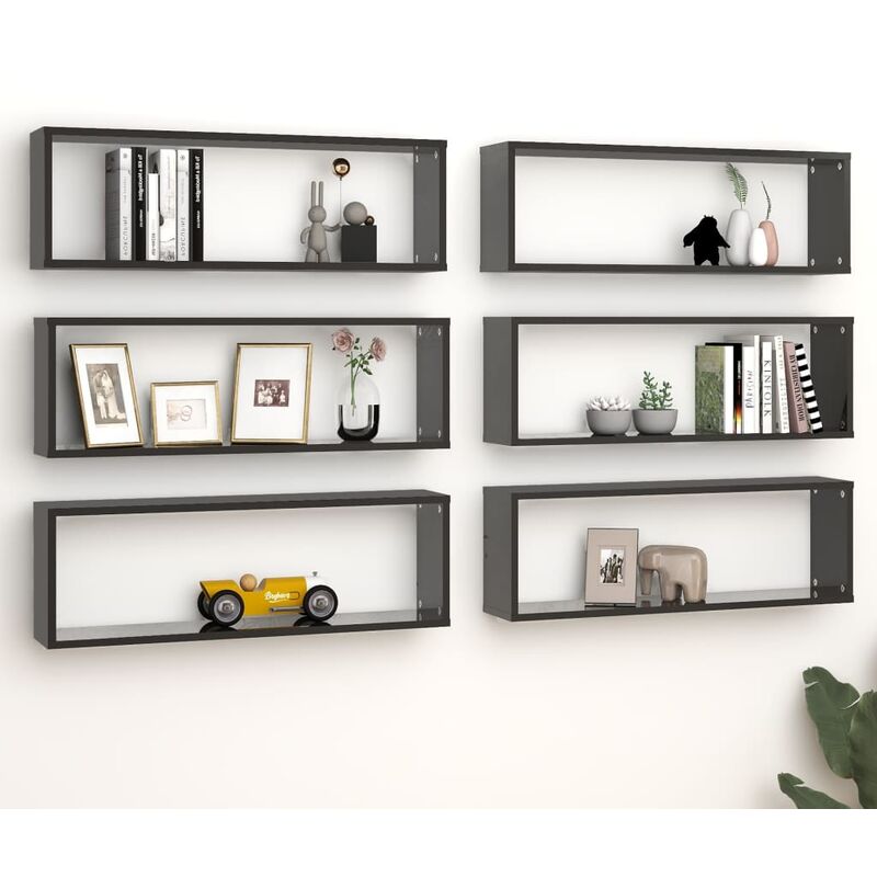 

Estantes cubo pared 6 uds aglomerado negro brillo 80x15x26,5 cm