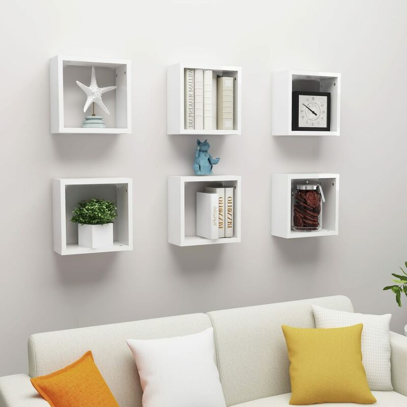 

Estantes cubos pared 6 uds aglomerado blanco brillo 30x15x30 cm