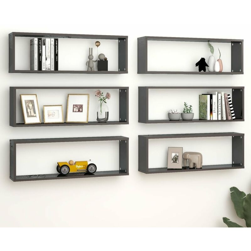 

Estantes cubos pared 6 uds aglomerado gris brillo 80x15x26,5 cm