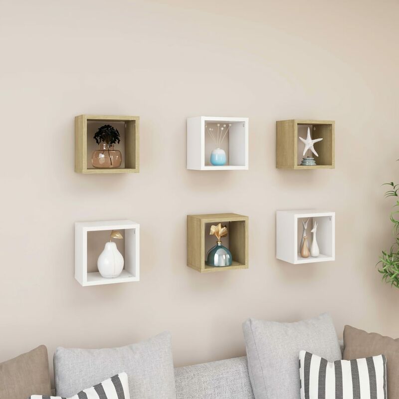 

Estantes de cubo de pared 6 uds blanco roble 22x15x22 cm