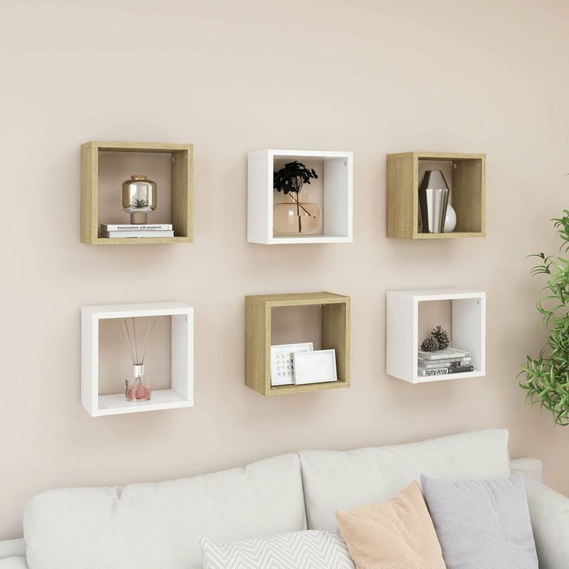 

Estantes de cubo de pared 6 uds blanco roble 26x15x26 cm