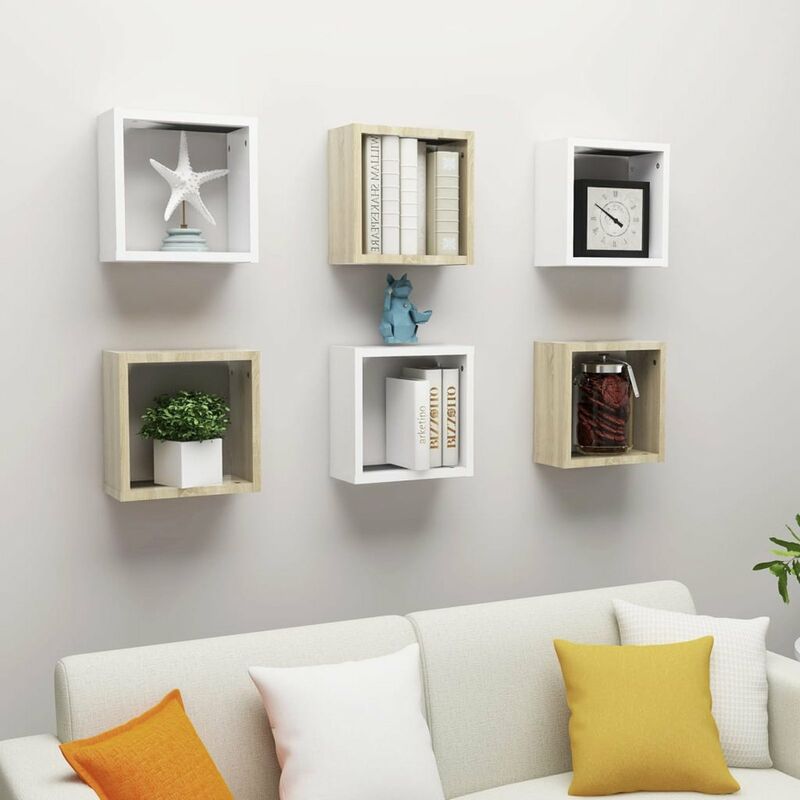 

Estantes de cubo de pared 6 uds blanco roble 30x15x30 cm
