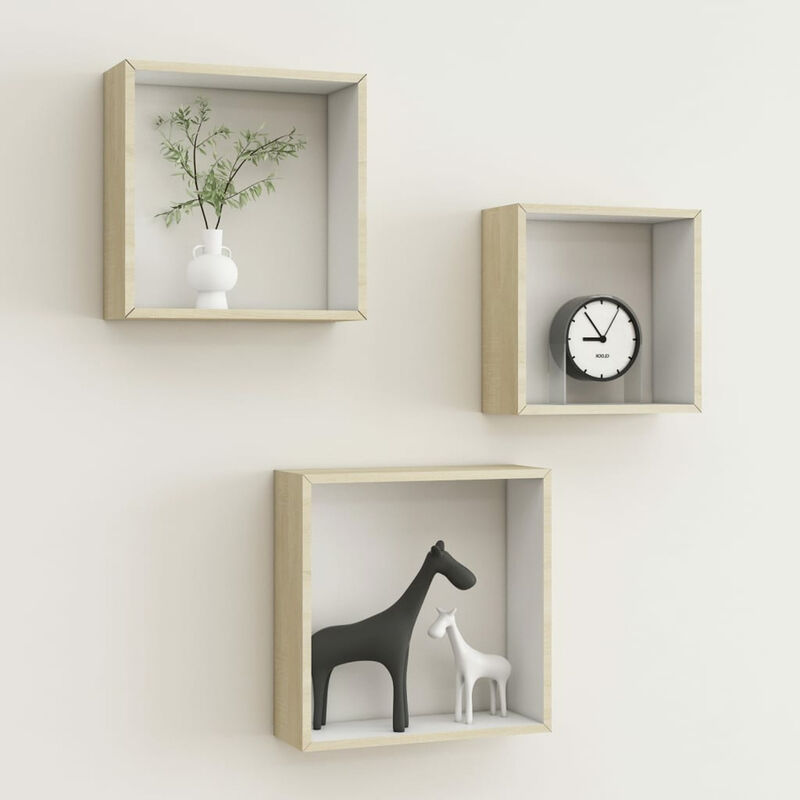 

Estantes de cubos para pared 3 piezas blanco y roble Sonoma
