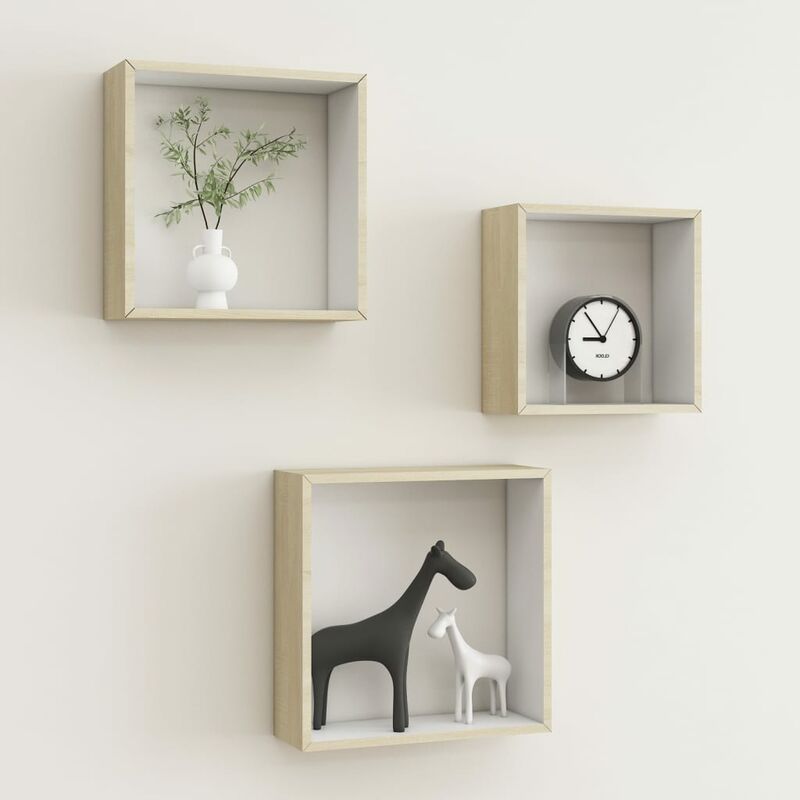 

Estantes de cubos para pared 3 piezas blanco y roble Sonoma