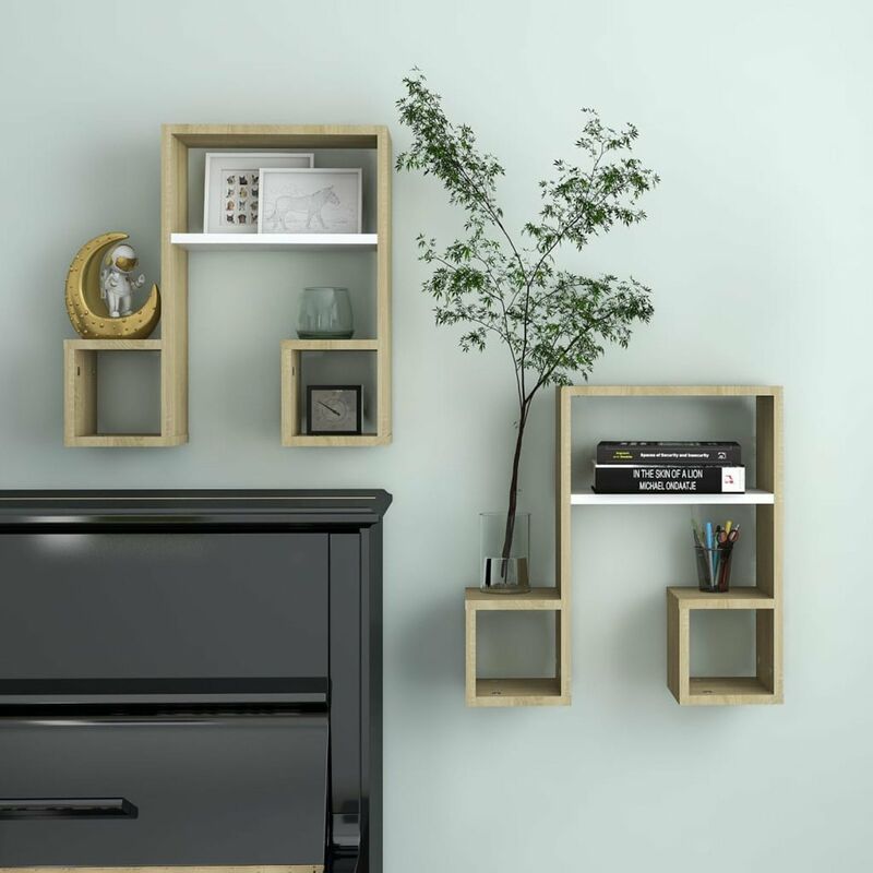 

Estantes de pared 2 uds aglomerado blanco y roble 50x15x50 cm