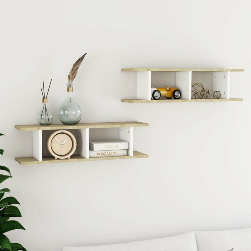 

Estantes de pared 2 uds aglomerado blanco y roble 78x18x20 cm
