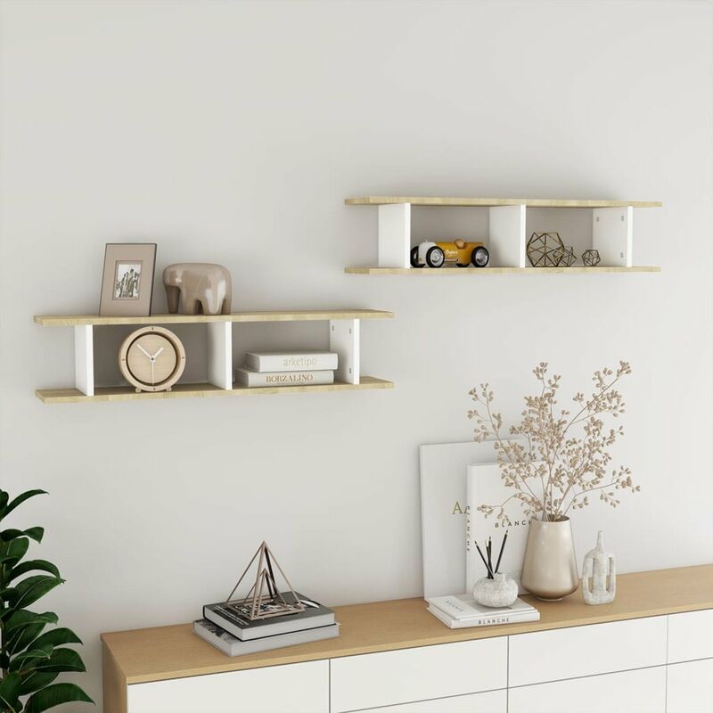 

Estantes de pared 2 uds aglomerado blanco y roble 90x18x20 cm