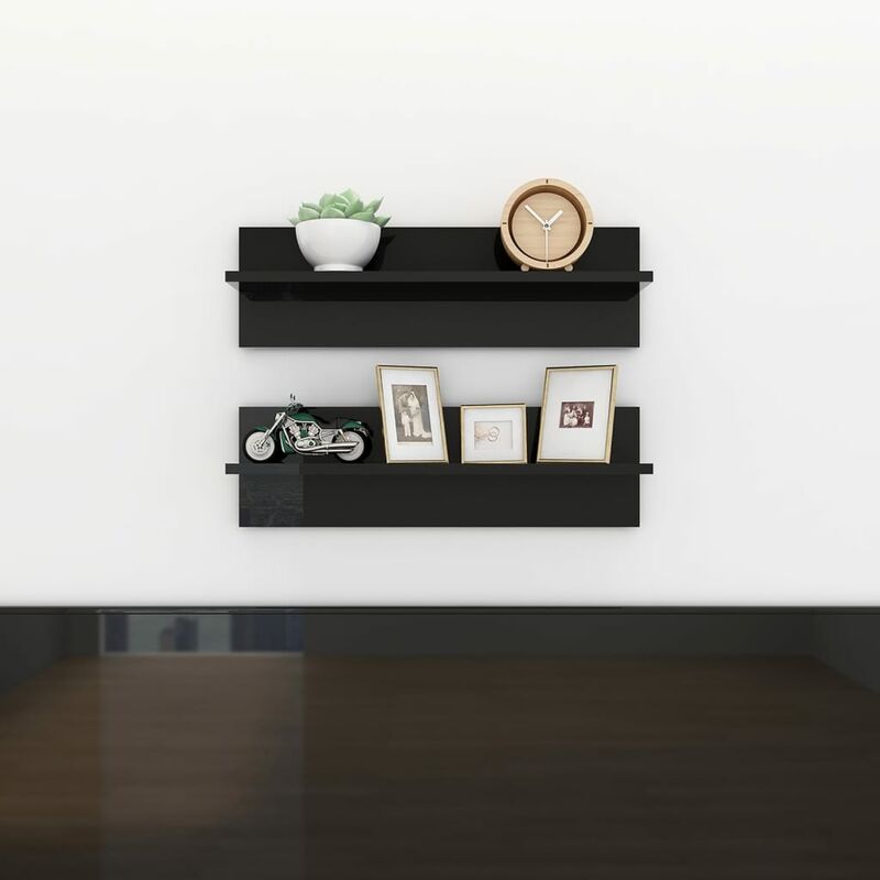 

Estantes de pared 2 uds aglomerado negro brillante 60x11,5x18cm