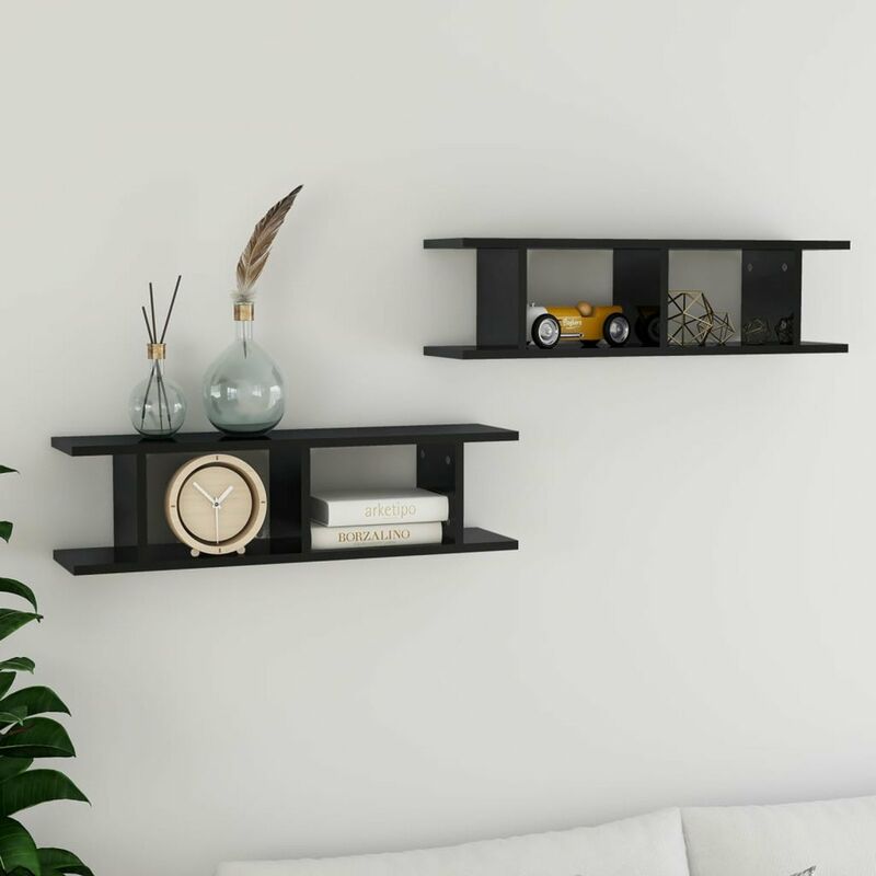 

Estantes de pared 2 uds aglomerado negro brillante 78x18x20 cm