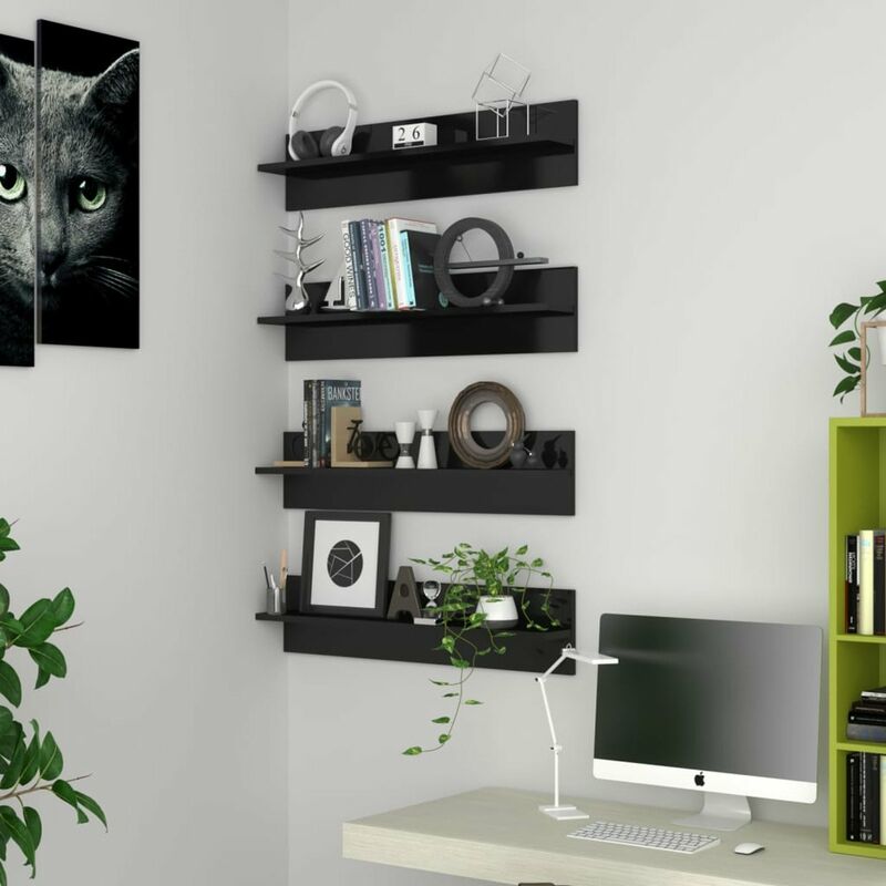 

Estantes de pared 4 uds aglomerado nedro brillante 80x11,5x18 cm