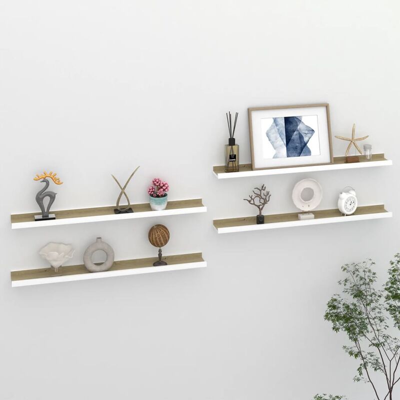 

Estantes de pared 4 unidades blanco y roble Sonoma 80x9x3 cm