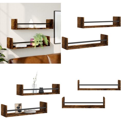 Estantes de pared con barras 2 uds roble ahumado 60x16x14 cm - Estantería flotante - Estantería de madera