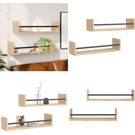 Estantes de pared con barras 2 uds roble Sonoma 60x16x14 cm - Estantería flotante - Estantería de madera
