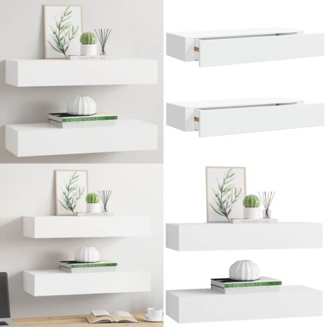 Estantes de pared con cajón 2 uds MDF blanco 60x23,5x10 cm - Estantería con cajón - Estantería flotante