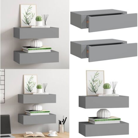 Estantes de pared con cajón 2 uds MDF gris 40x23,5x10 cm - Estantería con cajón - Estantería flotante