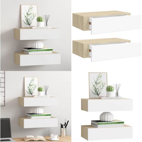 Estantes de pared con cajón 2 uds MDF roble/blanco 40x23,5x10cm - Estantería con cajón - Estantería flotante