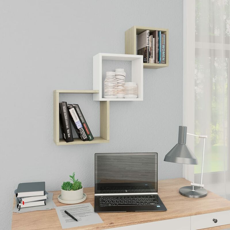 

Estantes de pared cubo aglomerado blanco y Sonoma 84,5x15x27 cm