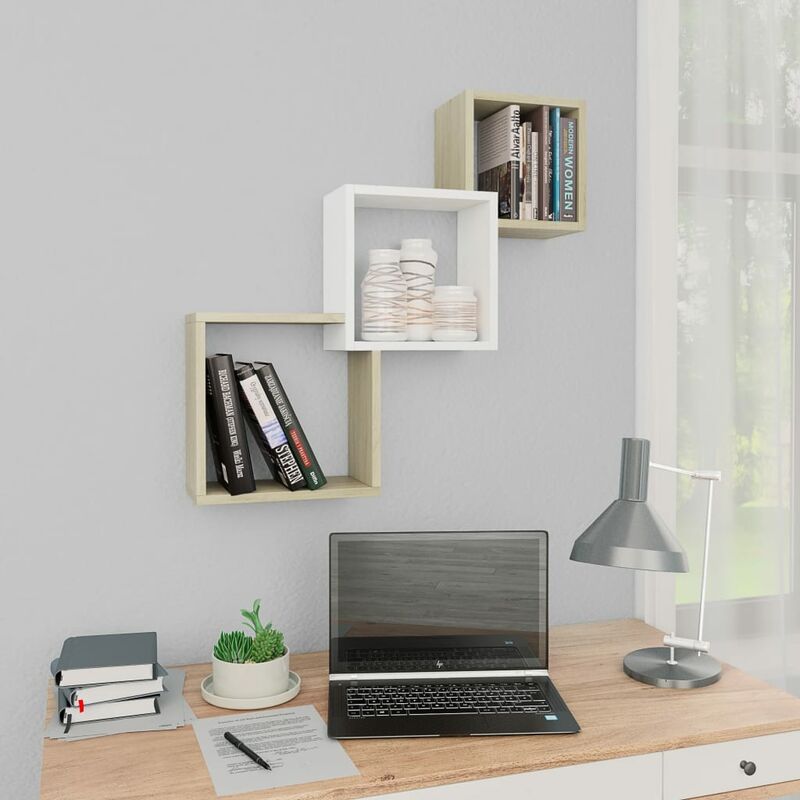 

Estantes de pared cubo aglomerado blanco y Sonoma 84,5x15x27 cm - Multicolor